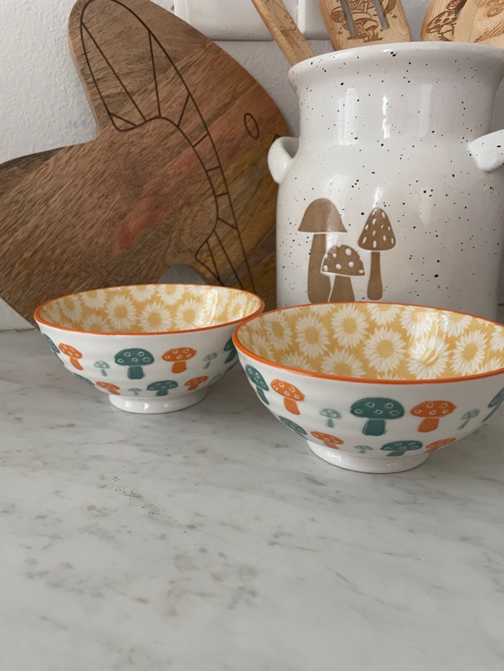 Set of 2 Mushroom 🍄 Pattern Ceramic Bowls - Orange & Teal Accents